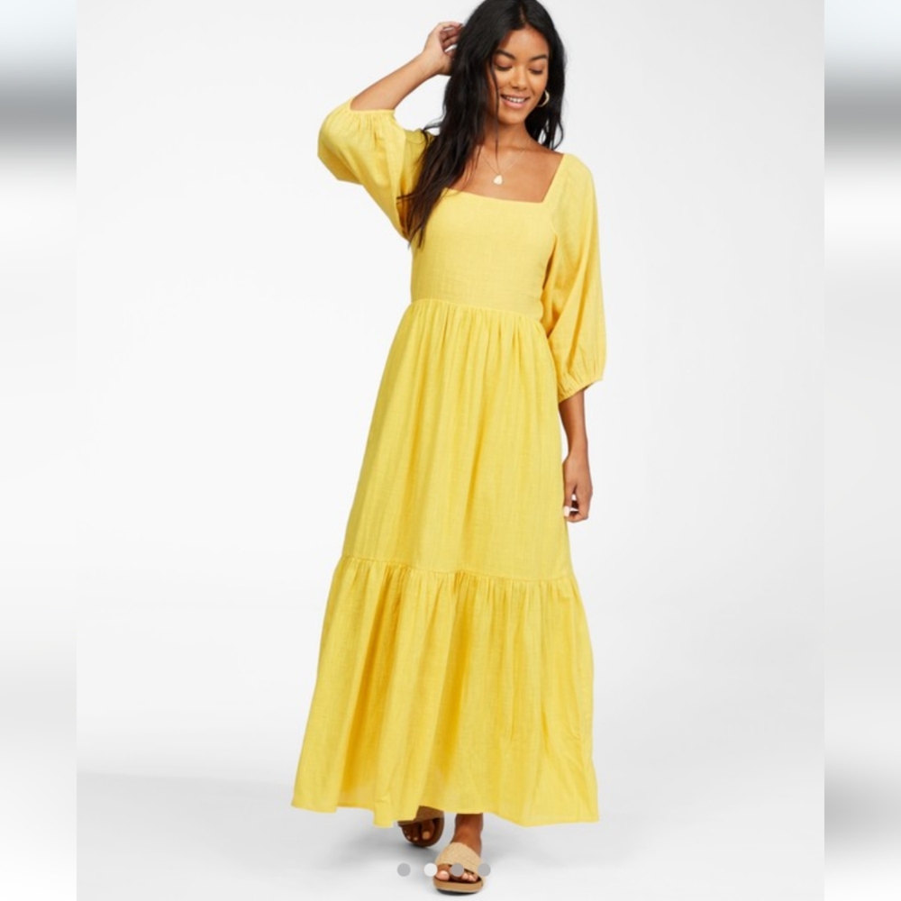 Billabong Tiered Maxi Dress Dream Chaser Yellow Open Back Romantic Size XS